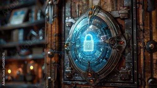 A futuristic lock mechanism displayed on a wooden door, emphasizing security and technology.