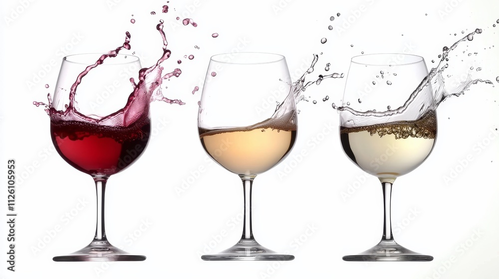 Three wine glasses splash with red, white, and sparkling varieties, capturing the essence of celebration and indulgence. Three wine glasses splash with red, white, and sparkling varieties, capturing the essence of celebration and indulgence.