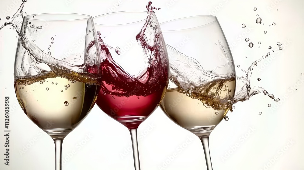 Three wine glasses clink together, creating splashes of liquid, showcasing a celebration or toast. Three wine glasses clink together, creating splashes of liquid, showcasing a celebration or toast.