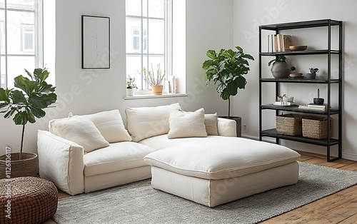 Minimalist living room with white sofa, plants, and bookshelf. photo