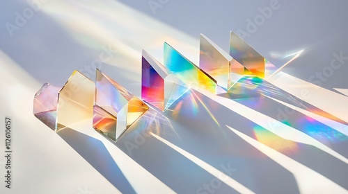 Abstract arrangement of rainbow refractions from a crystal prism on a white surface
