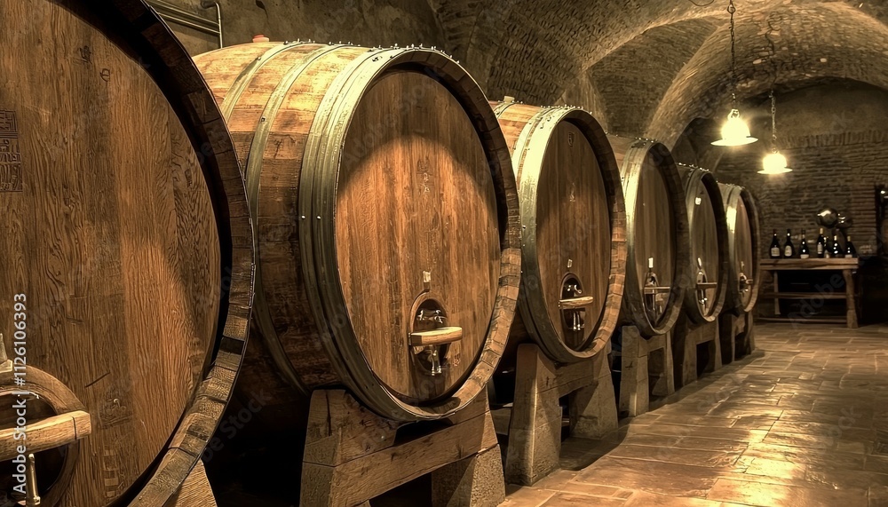 A dimly lit wine cellar featuring large wooden barrels lined up along a stone wall, creating an ambiance of tradition and craftsmanship. A dimly lit wine cellar featuring large wooden barrels lined up along a stone wall, creating an ambiance of tradition and craftsmanship.