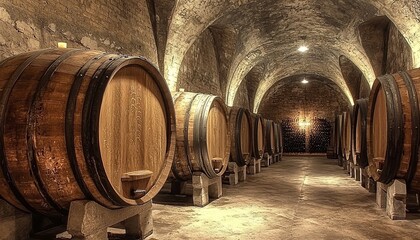 Papier peint photo  A dimly lit wine cellar featuring large wooden barrels, creating an atmosphere of rustic charm and vintage elegance.  © Yelloone