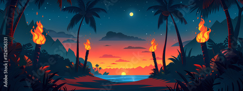 A vibrant tropical sunset scene with palm trees and tiki torches illuminating the beach, creating a serene atmosphere with vivid colors.