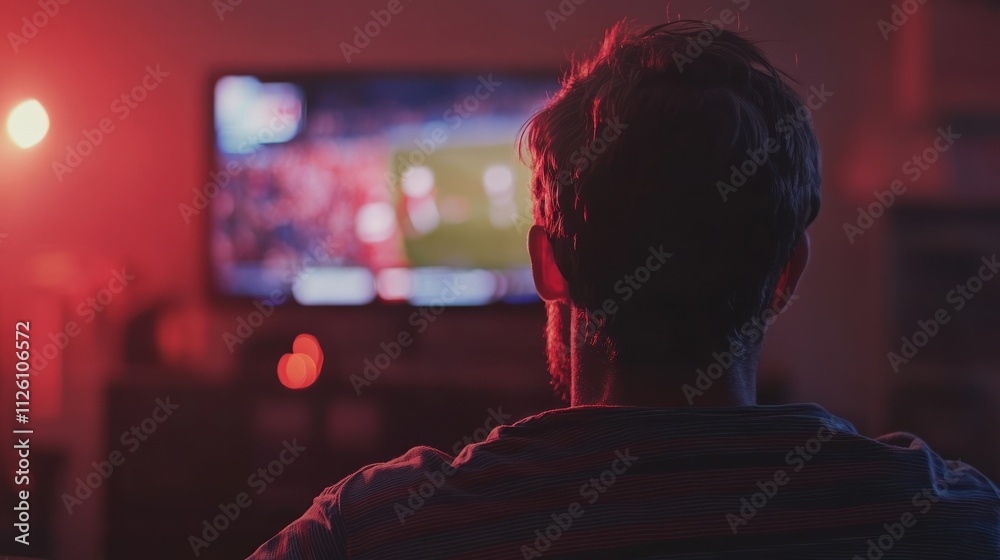 Man Watching a Sports Game on TV in a Dark Room Man Watching a Sports Game on TV in a Dark Room
