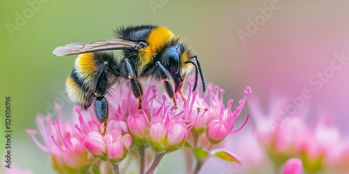 Bumble bee collecting pollen from centaury flowers, captured in soft focus. The role of bumble bees in pollination is essential for plants, highlighting the importance of pollination.