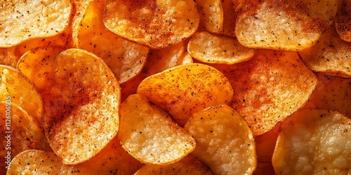 Close up of delicious potato crisps seasoned with spices, showcasing the crunchy texture and vibrant flavors of potato chips ideal for snacking and culinary creativity.