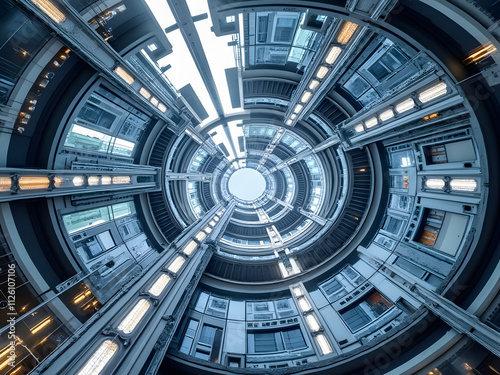 Unique architectural design captures the intricate details of a circular atrium in a modern building