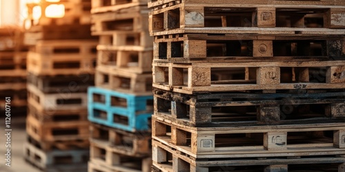 Stacks of used wooden Euro pallets arranged neatly at a recycling depot, showcasing the versatility and eco friendliness of wooden Euro pallets in sustainable practices.