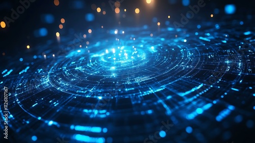 Abstract science background with layered blue textures and glowing technological elements