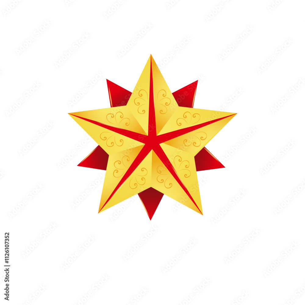 3D gold star in red color on a white background with a pattern. Vector 3D gold star in red color on a white background with a pattern. Vector