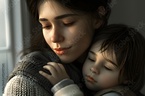 A tender moment of a young Caucasian mother cradling her peaceful child, embodying warmth and love in a soft-lit setting.