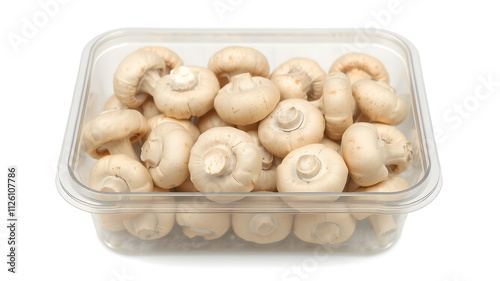 Fresh white organic mushrooms in a container