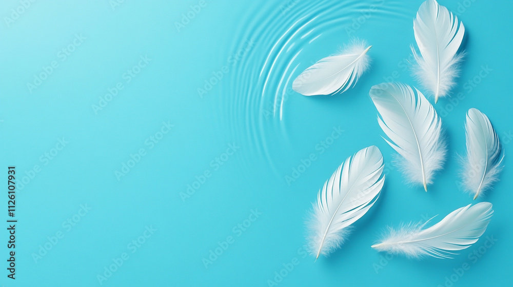 Naklejka premium Delicate white feathers floating on tranquil blue water, creating a serene ambiance.