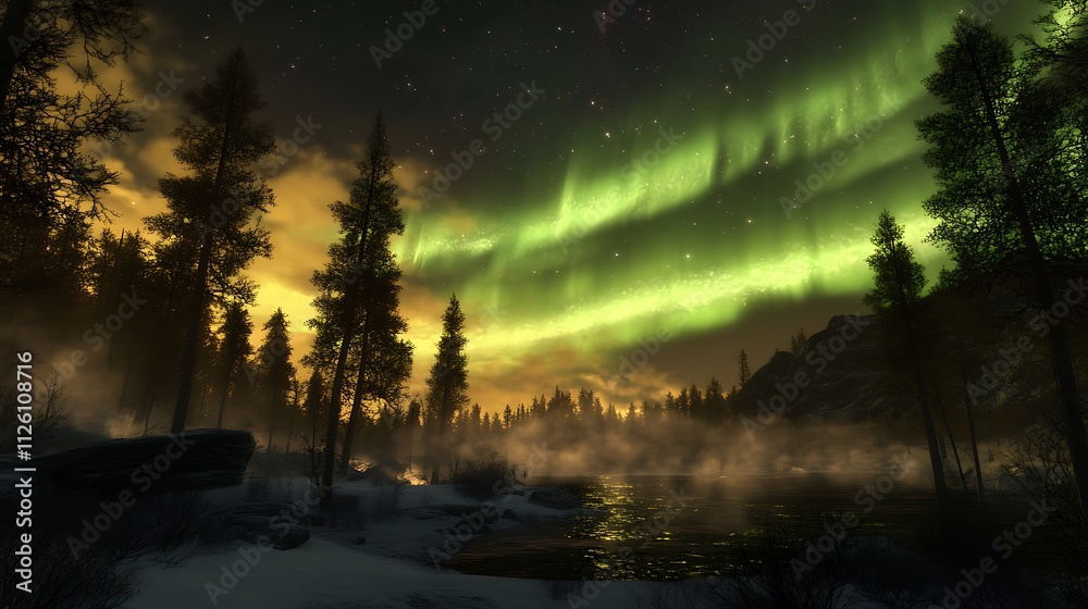 A serene landscape under the aurora borealis, with trees and a reflective water surface. A serene landscape under the aurora borealis, with trees and a reflective water surface.