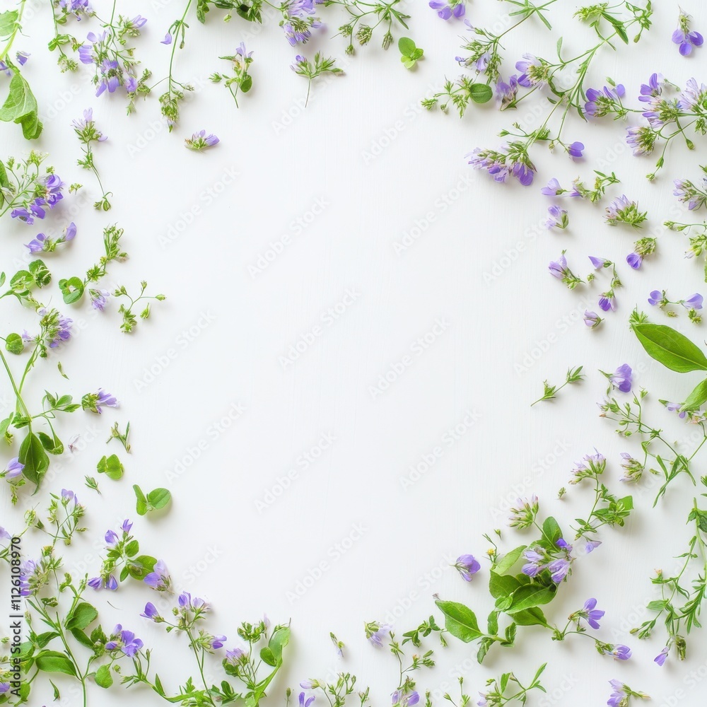 Fresh Purple Flowers and Green Leaves on White Background Creating a Natural Floral Frame for Celebrations, Weddings, or Artistic Designs and Crafts Fresh Purple Flowers and Green Leaves on White Background Creating a Natural Floral Frame for Celebrations, Weddings, or Artistic Designs and Crafts