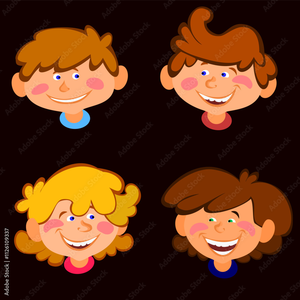 set of children faces, set of cartoon faces, four animated characters in a vector style set of children faces, set of cartoon faces, four animated characters in a vector style
