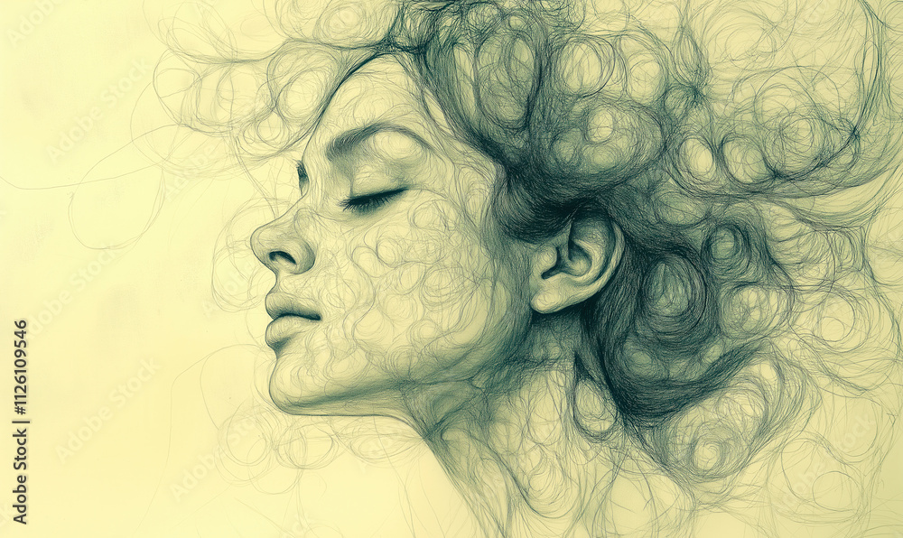 Monochrome abstract sketch of a human head, neurographics.