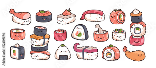 Sushi characters set. Kawaii cute Japanese food with happy funny faces, emoti...