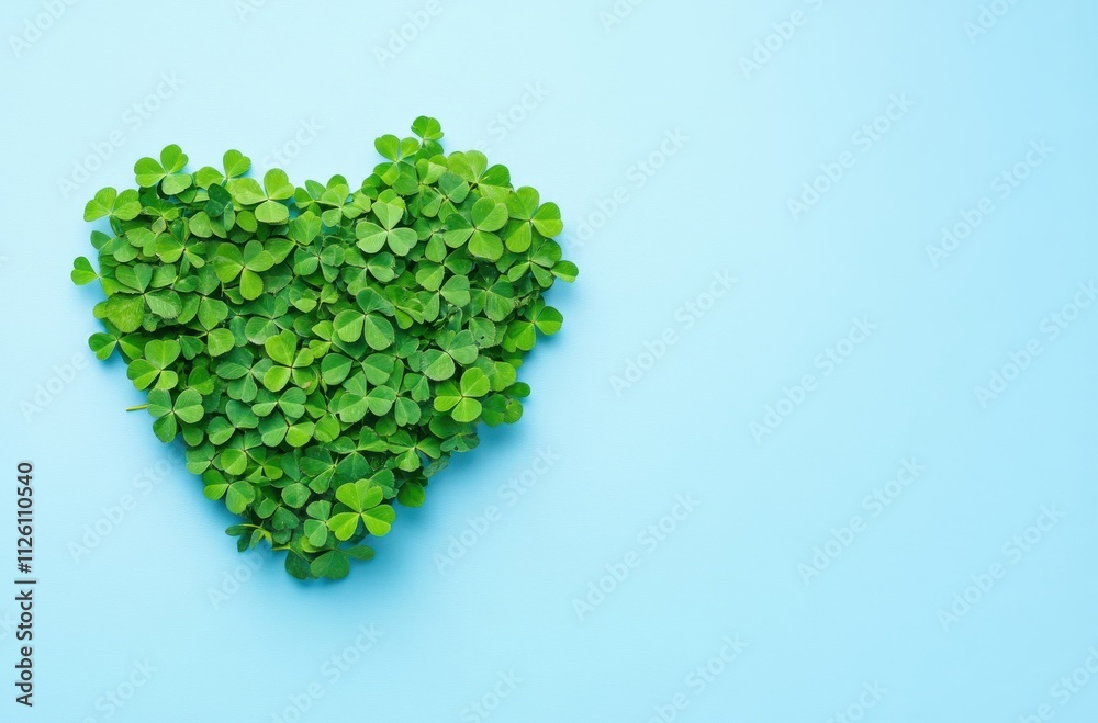 Heart Shape Made of Fresh Green Clover Leaves on a Light Blue Background Symbolizing Love, Nature, Growth, and Luck in Minimalist Style Heart Shape Made of Fresh Green Clover Leaves on a Light Blue Background Symbolizing Love, Nature, Growth, and Luck in Minimalist Style