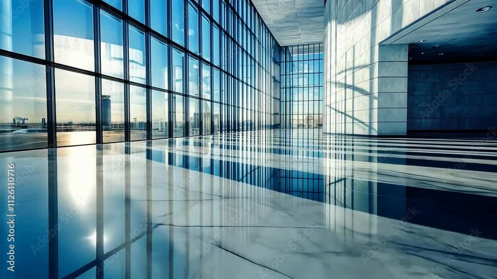 Modern corporate lobby with reflective marble floor panoramic windows