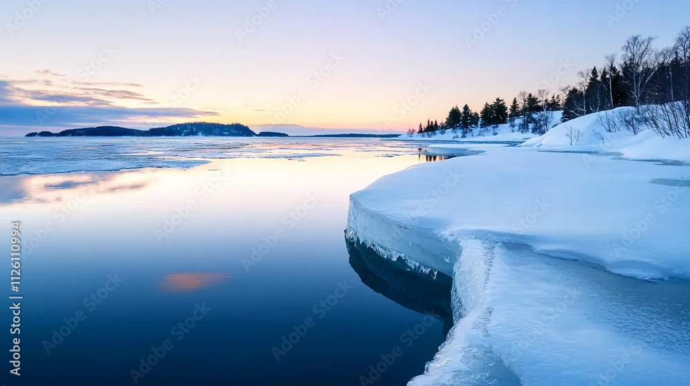 Obraz premium Serene winter landscape featuring snow-covered ice and tranquil water at sunset.