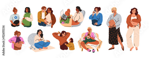 Pregnant women life set. Mom with belly, expecting baby. Future mother with family, friend, relaxing at home, working on laptop. Happy pregnancy. Flat vector illustration isolated on white background