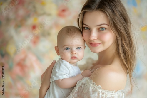 Slim beautiful young woman holding a baby, soft smile, half-body portrait, natural light, Mother's Day theme, pastel background, gentle and heartwarming atmosphere photo