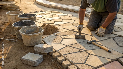 Skilled Worker Laying Pavers on Outdoor Pathway with Sunlit Glow V7