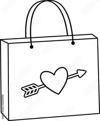Isolated Valentine shopping paper bag outline.
Valentine's Day gift bag coloring drawing.
Transparent background.