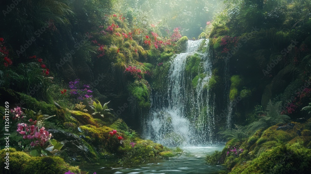 Enchanted Waterfall in a Lush, Mossy Paradise Enchanted Waterfall in a Lush, Mossy Paradise