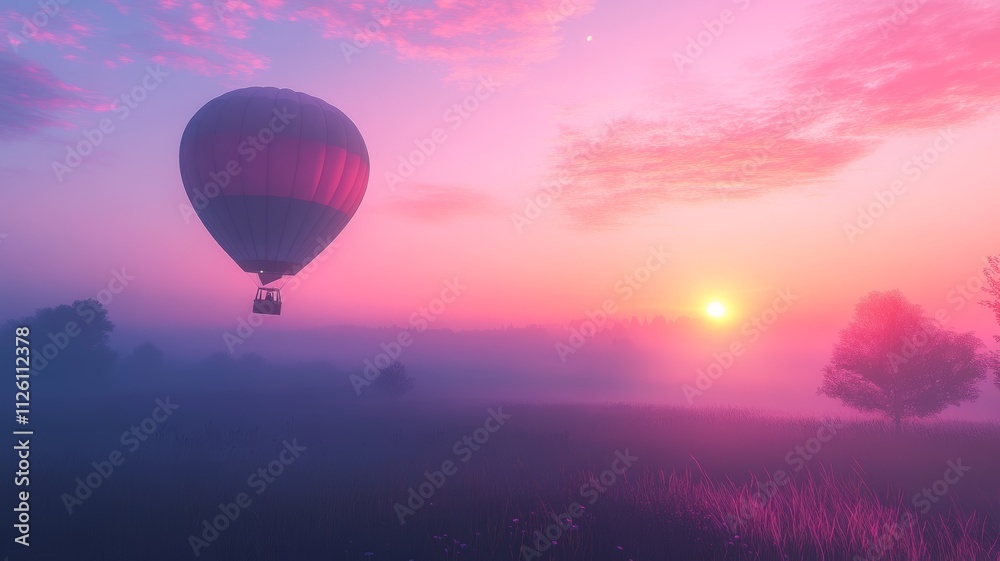 Obraz premium Hot Air Balloon Soaring at Sunrise Over Misty Field.