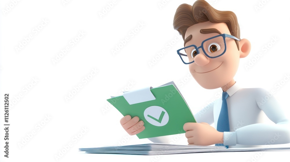 A cheerful cartoon character reviewing a document with a checkmark. A cheerful cartoon character reviewing a document with a checkmark.