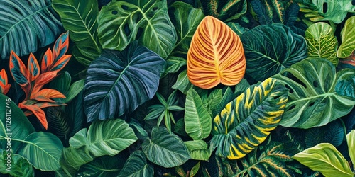 Vibrant leaves in a lush jungle showcase the beauty of nature, emphasizing the diverse hues and intricate patterns found in jungle leaves throughout the ecosystem. photo