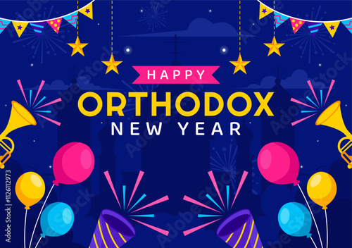 Happy Orthodox New Year Vector Illustration Celebrated on January 14, Featuring a Church and Fireworks in a Flat Cartoon Style Background