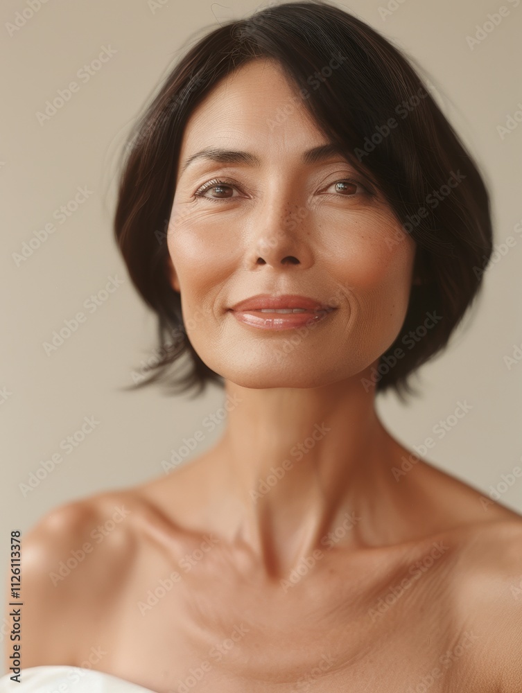 elegant mature older woman beauty closeup studio portrait - skincare beige and white aesthetic, diverse beauty