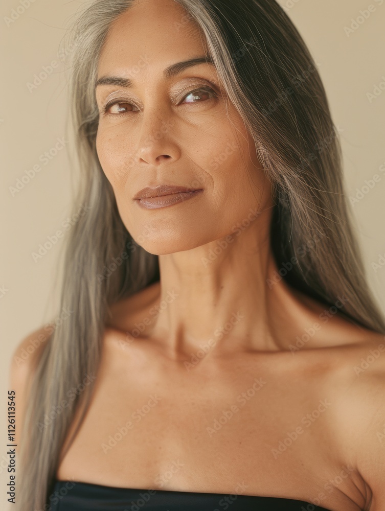 elegant mature older woman beauty closeup studio portrait - skincare beige and white aesthetic, diverse beauty