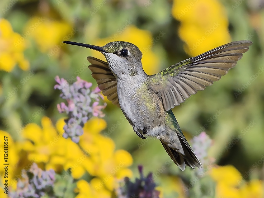 Fototapeta premium Anna's Hummingbird in Flight, Yellow Flower Garden