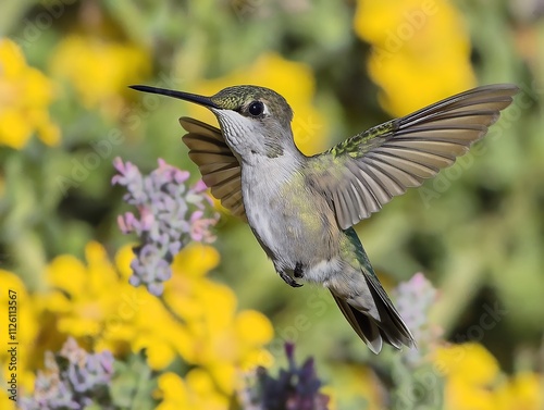 Anna's Hummingbird in Flight, Yellow Flower Garden photo