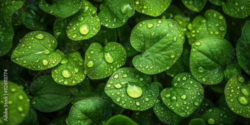 Raindrops on sorrel leaves create a captivating scene, showcasing the beauty of sorrel leaves in a macro and soft focus style, highlighting the intricate details of sorrel leaves. photo