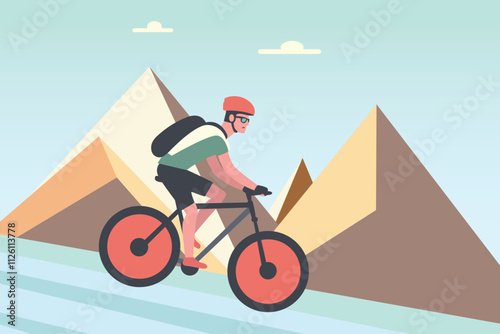 holiday vacation concept, man ride bicycle on mountain landscape. mental health therapy, relax, exercise. cartoon vector illustration 