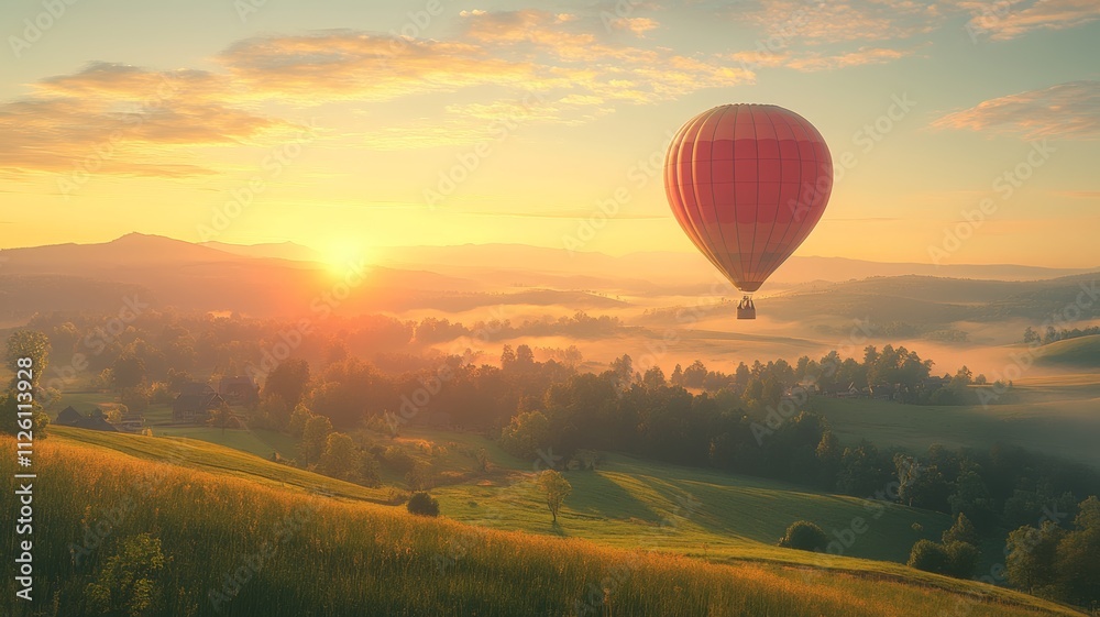 Obraz premium Hot Air Balloon Soaring Over Misty Mountain Valley at Sunrise.