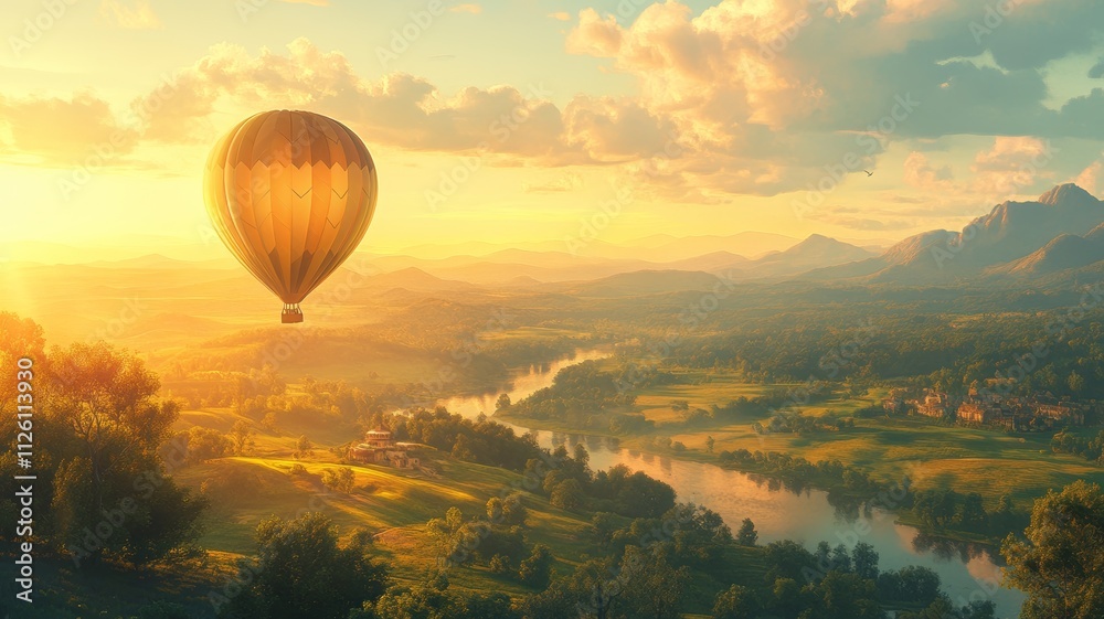 Fototapeta premium Sunrise Hot Air Balloon Ride Over Scenic Landscape.