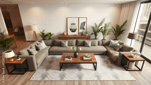 Top view of livingroom interior with large modular sofa,Concept of place for meeting with panoramic. 3d Render.