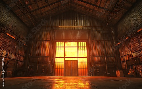 Empty industrial warehouse interior with large illuminated door.