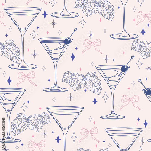 Elegant Seamless Pattern with Alcohol Cocktails, Martini, Monstera Leaves, and Cute Bows – Hand-Drawn Vector background