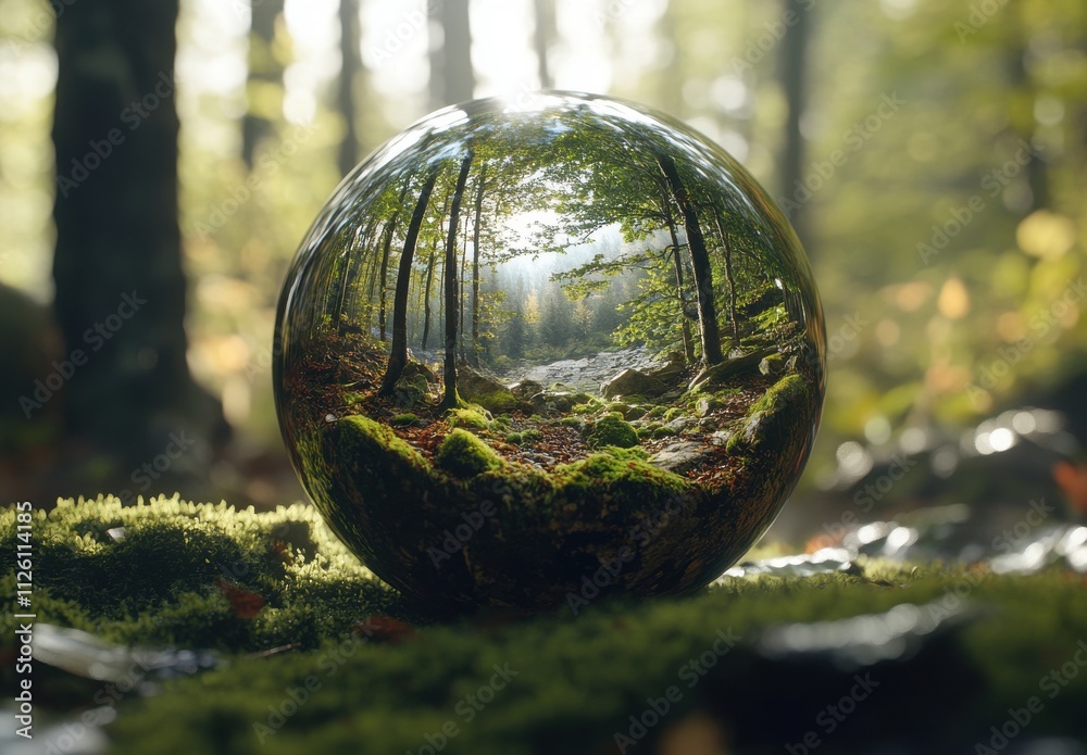 Reflection of Tranquil Forest Scene in Glass Sphere on Mossy Ground with Sunlight Filtering Through Trees and Casting Soft Shadows Reflection of Tranquil Forest Scene in Glass Sphere on Mossy Ground with Sunlight Filtering Through Trees and Casting Soft Shadows