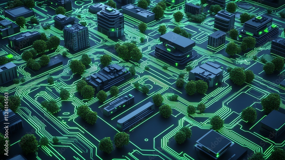 Fototapeta premium Futuristic city with glowing circuit designs.