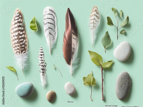 Ethereal Collage of Nature-Inspired Objects on Soft Mint Green Gradient Objects like feathers stones and leaves dynamically arranged with a pastel mint green gradient background photo