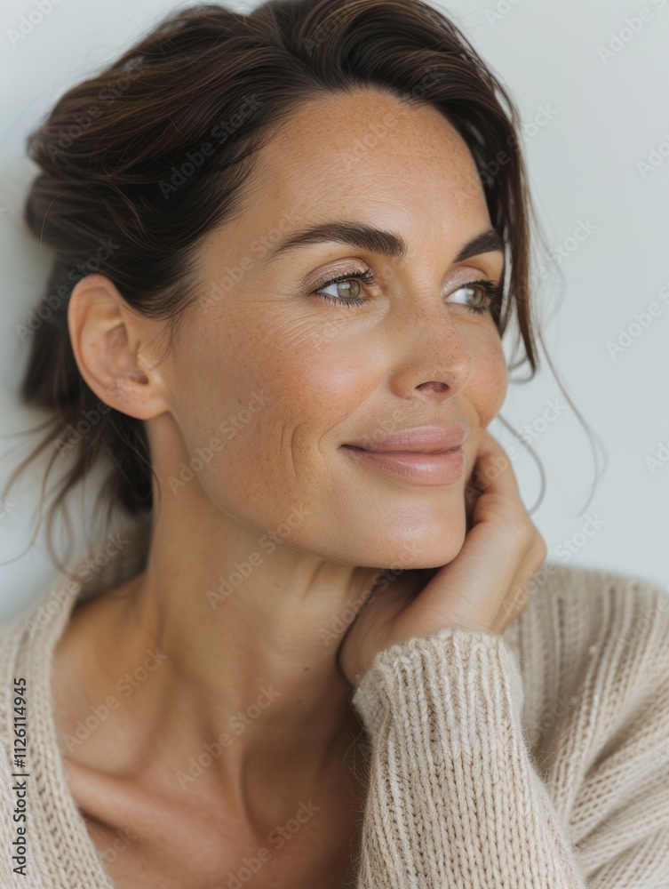 elegant mature older woman beauty closeup studio portrait - skincare beige and white aesthetic, diverse beauty